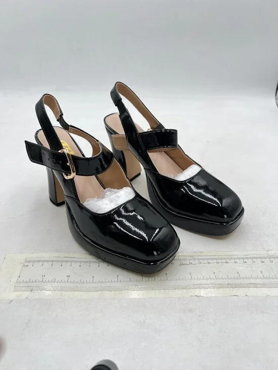 FYS Black Platform Square Toe Pumps Chunky High Heel Mary Janes Slingback Shoes - Picture 4 of 8